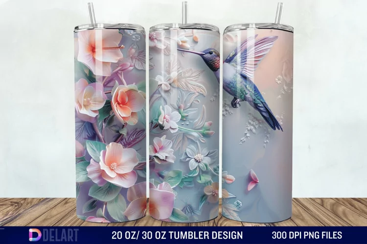 3D Hummingbird Pastel Flowers Tumbler Wrap