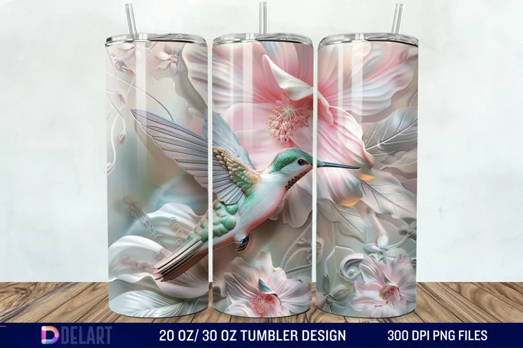 3D Hummingbird Pastel Flowers Tumbler Wrap
