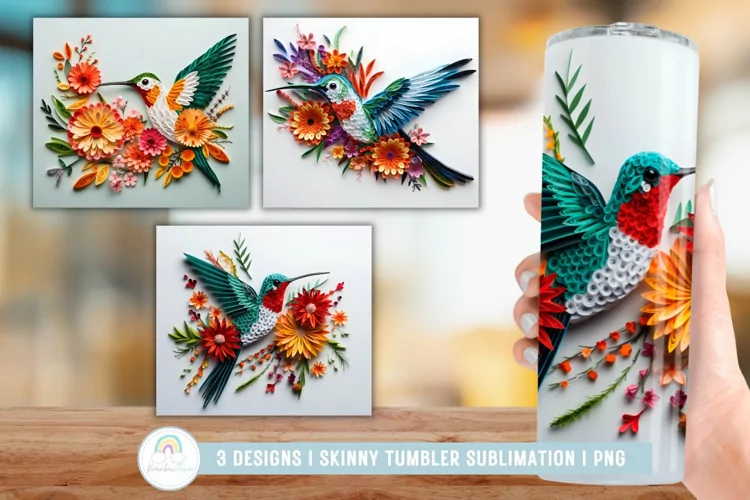 3D Hummingbird and Flowers Tumbler Sublimation Wrap