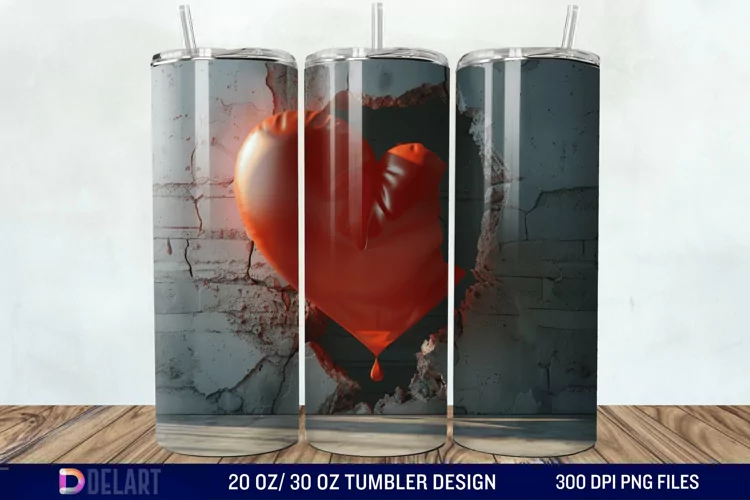 3D Inflated Heart Hole In A Wall Tumbler Wrap