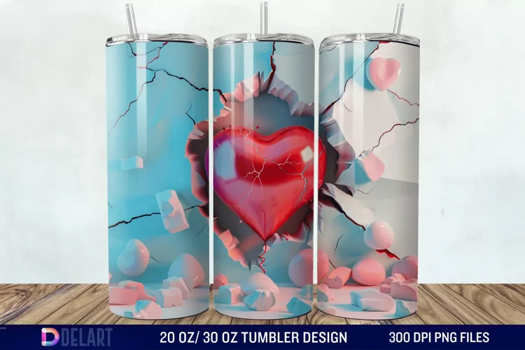 3D Inflated Heart Hole In A Wall Tumbler Wrap