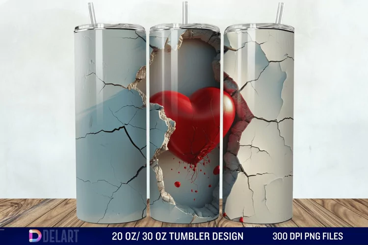 3D Inflated Heart Hole In A Wall Tumbler Wrap