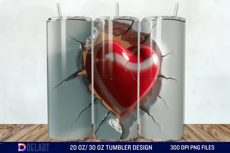 3D Inflated Heart Hole In A Wall Tumbler Wrap