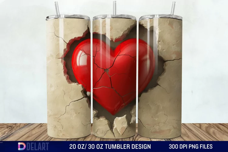3D Inflated Heart Hole In A Wall Tumbler Wrap