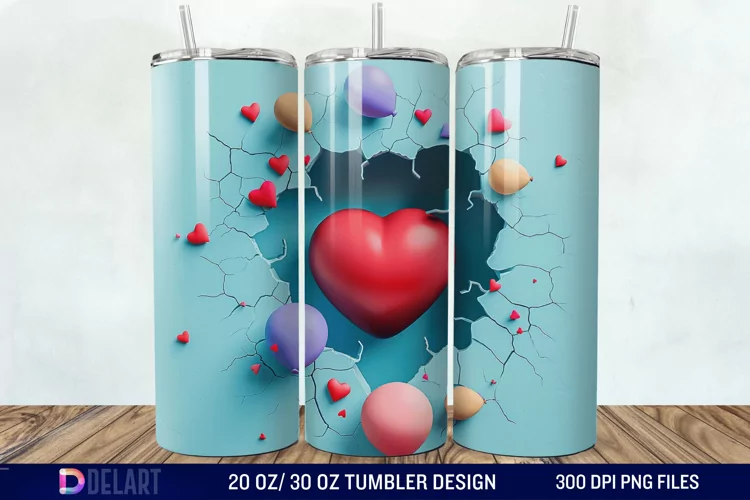 3D Inflated Heart Hole In A Wall Tumbler Wrap