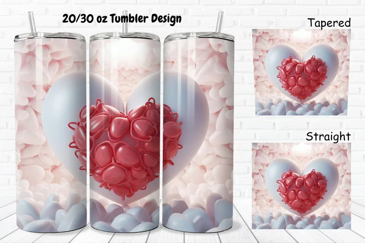 3D Inflated Puff Bubble Heart 20/30oz Skinny Tumbler