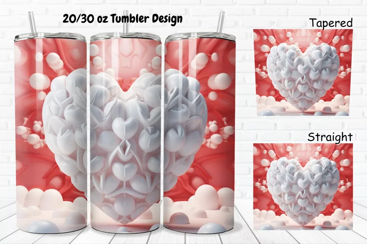 3D Inflated Puff Bubble Heart 20/30oz Skinny Tumbler