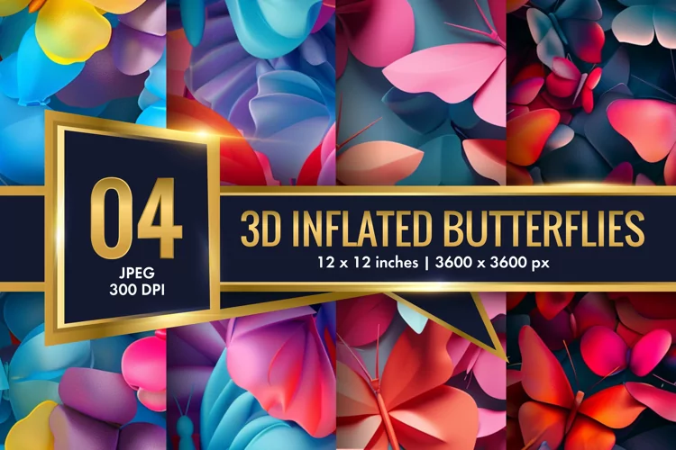 3d Inflated Puff Colorful Butterflies Digital Paper