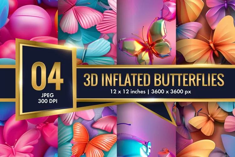 3d Inflated Puff Colorful Butterflies Digital Paper
