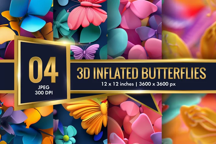 3d Inflated Puff Colorful Butterflies Digital Paper