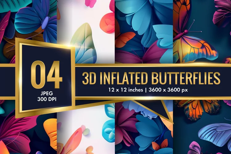 3d Inflated Puff Colorful Butterflies Digital Paper