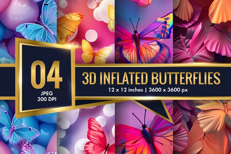 3d Inflated Puff Colorful Butterflies Digital Paper