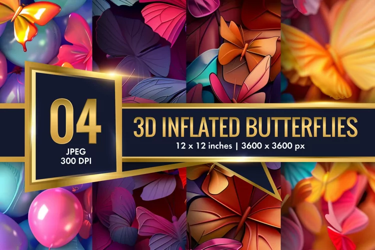 3d Inflated Puff Colorful Butterflies Digital Paper