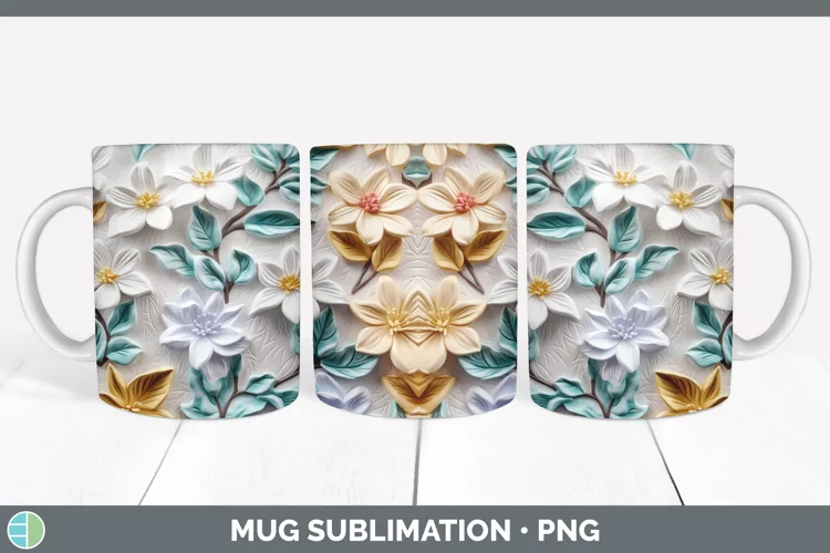 3D Jasmine Flowers Mug Wrap | Sublimation Coffee Cup Designs