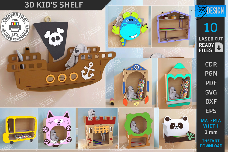 Kids Shelves Laser Cut Bundle|Wall Racks Template|Kids Room