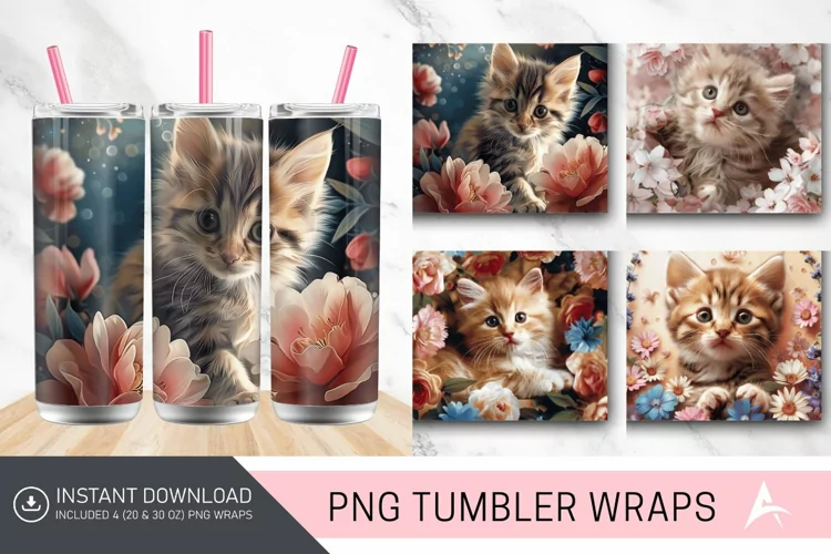 3D Kitten Flowers Tumbler wrap