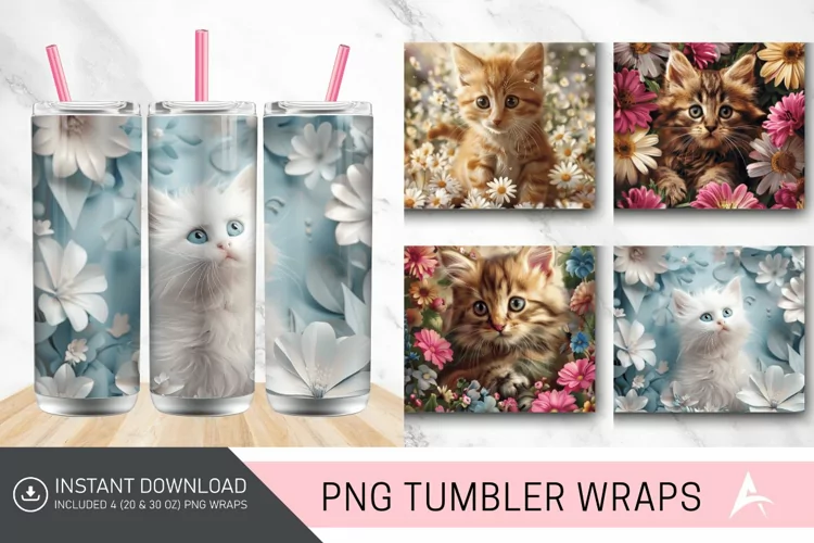 3D Kitten Flowers Tumbler wrap