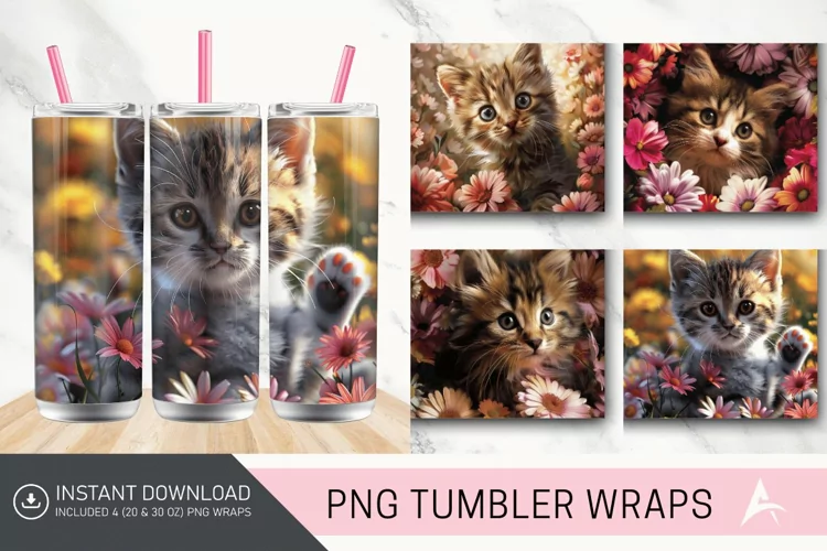 3D Kitten Flowers Tumbler wrap