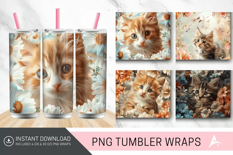 3D Kitten Flowers Tumbler wrap