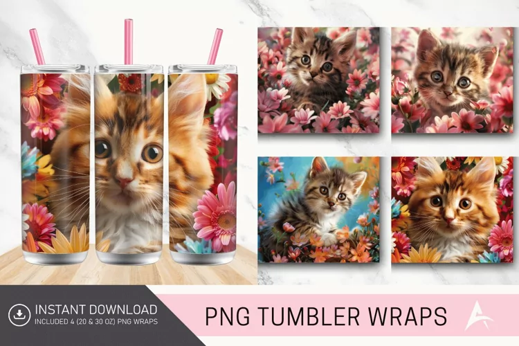 3D Kitten Flowers Tumbler wrap