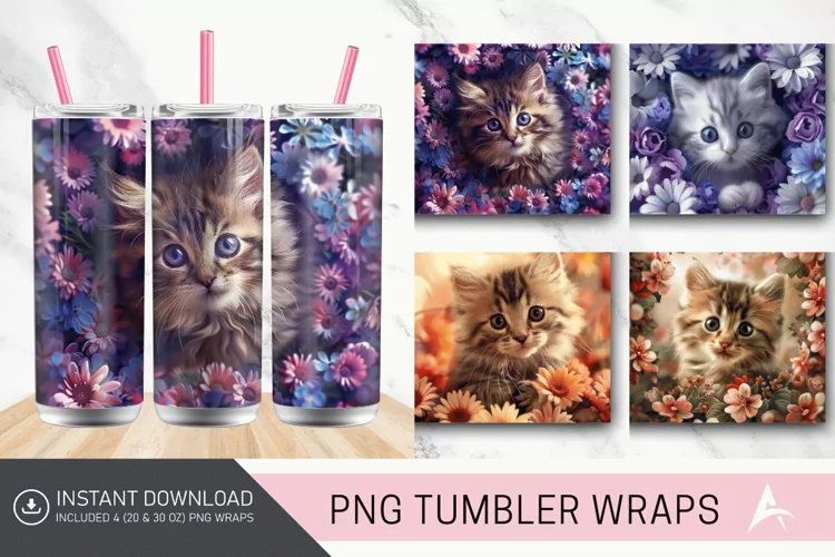 3D Kitten Flowers Tumbler wrap