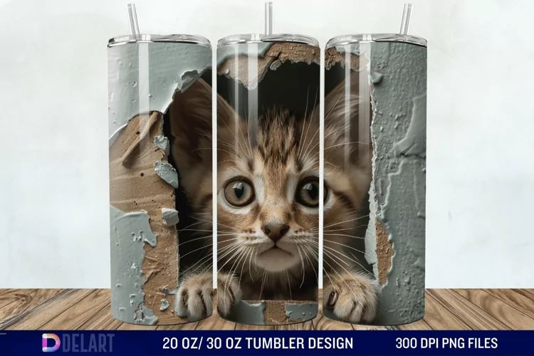 3D Kitten Hole In A Wall Tumbler Wrap