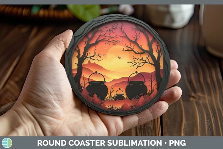 3D Layered Halloween Cauldron Round Coaster Sublimation Coas
