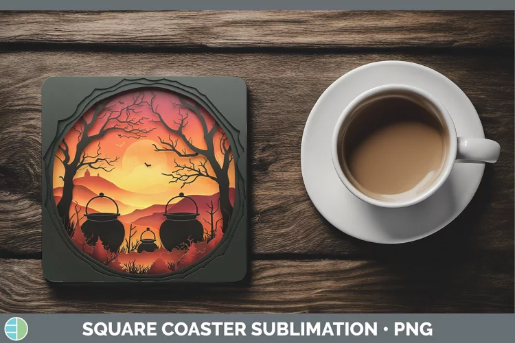 3D Layered Halloween Cauldron Square Coaster Sublimation Coa