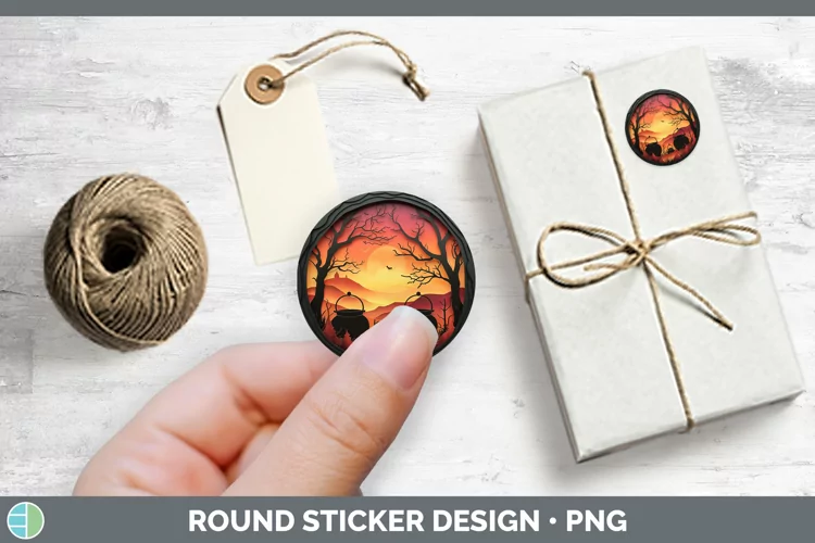 3D Layered Halloween Cauldron Stickers | Round Labels Design