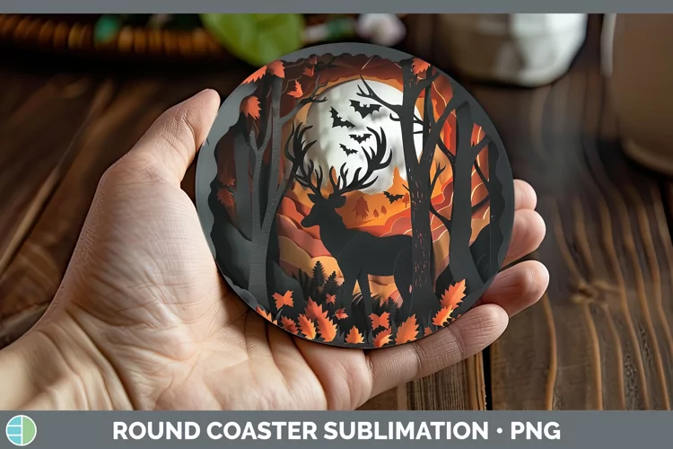 3D Layered Halloween Deer Round Coaster Sublimation Coaster