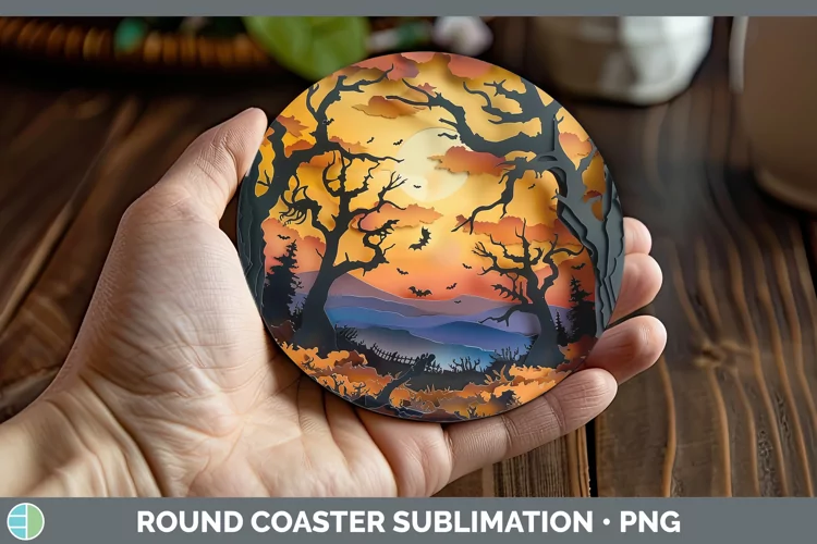 3D Layered Halloween Haunted Forest Round Coaster Sublimatio