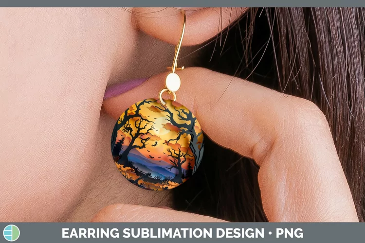 3D Layered Halloween Haunted Forest Round Earrings Sublimati