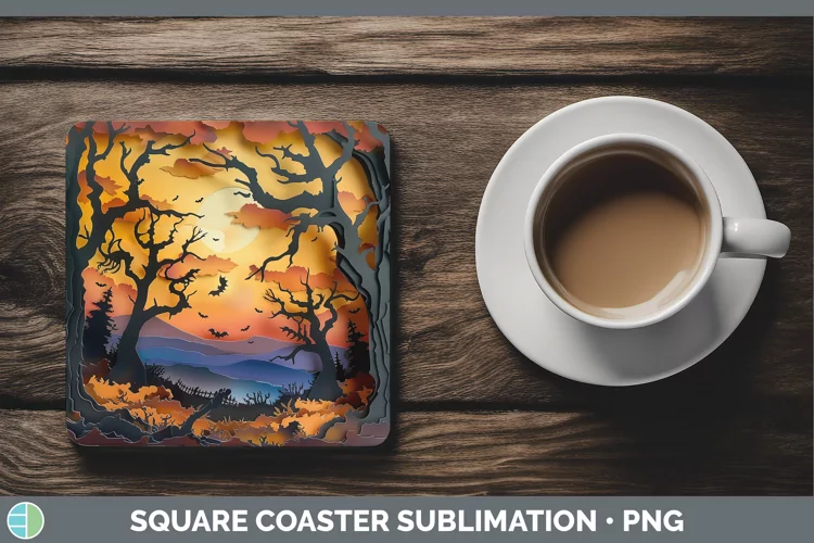 3D Layered Halloween Haunted Forest Square Coaster Sublimati