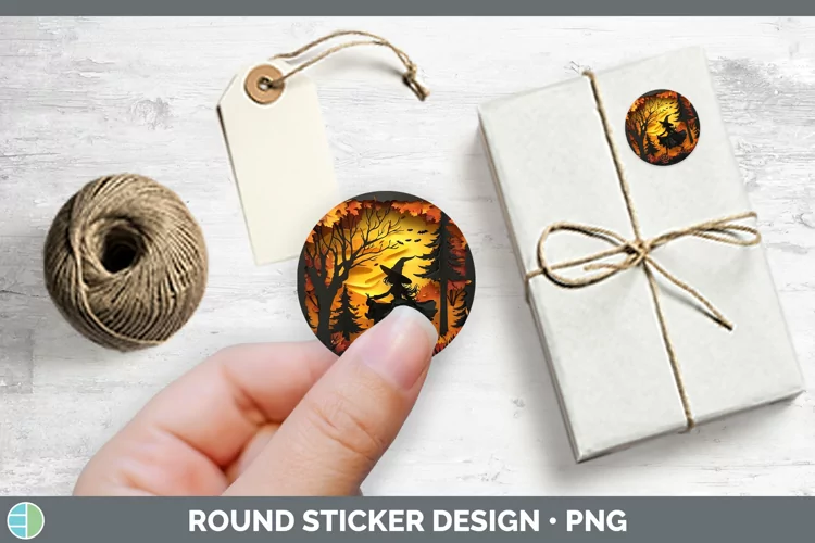 3D Layered Halloween Witch Stickers | Round Labels Designs