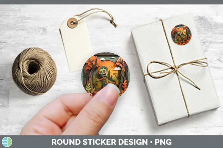 3D Layered Halloween Zombie Stickers | Round Labels Designs
