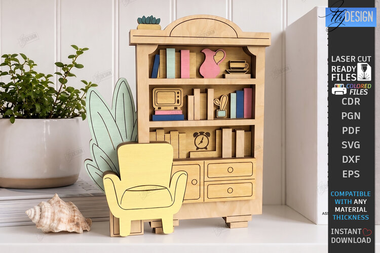 3D Mini Bookshelf Laser Cut | Layered Bookshelf Sign Laser example image 1