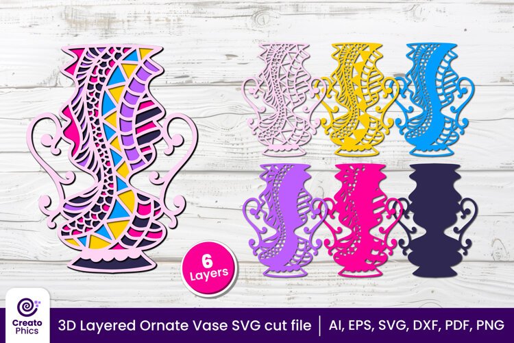 3d layered svg-vase papercut-ornate vase-laser cut files-shadow box-cricut svg-floral decor