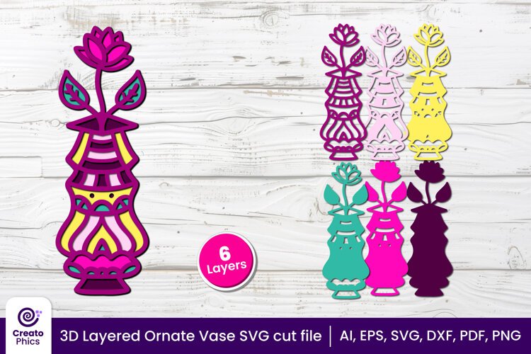3d layered svg-vase papercut-ornate vase-laser cut files-shadow box-cricut svg-floral decor
