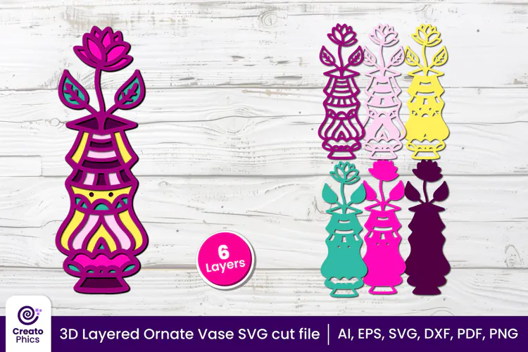 3D layered Floral Vase SVG, Ornate Vase papercut & Laser cut