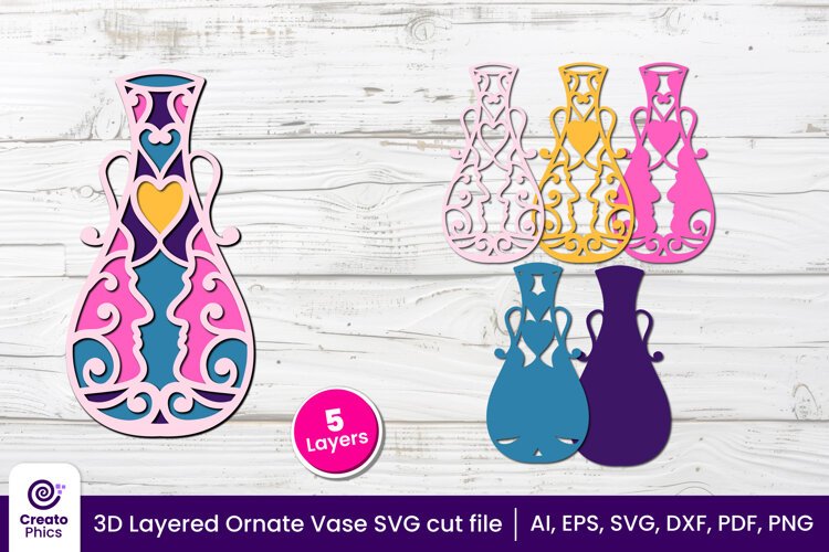 3d layered svg-vase papercut-ornate vase-laser cut files-shadow box-cricut svg-floral decor