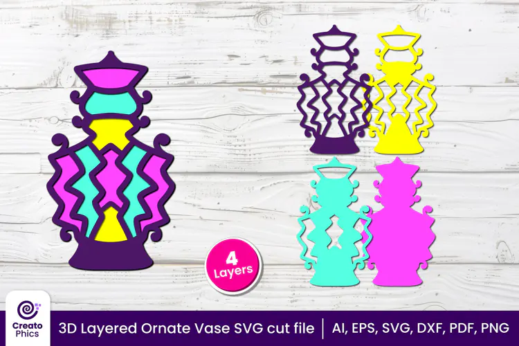 3D layered Floral Vase SVG, Ornate Vase papercut & Laser cut
