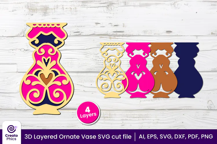 3D layered Floral Vase SVG, Ornate Vase papercut & Laser cut