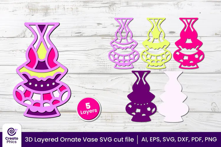 3D layered Floral Vase SVG, Ornate Vase papercut & Laser cut