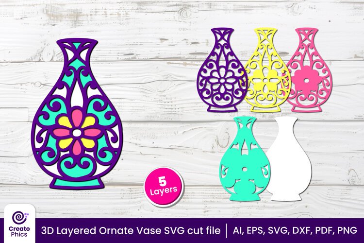 3d layered svg-vase papercut-ornate vase-laser cut files-shadow box-cricut svg-floral decor