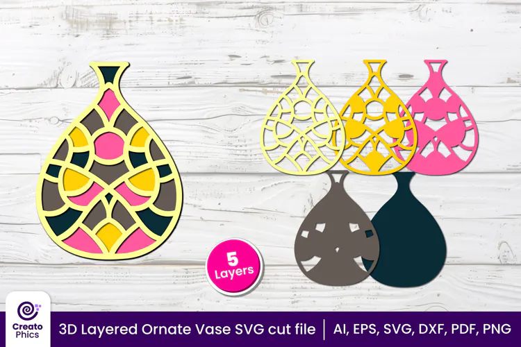 3D layered Floral Vase SVG, Ornate Vase papercut & Laser cut