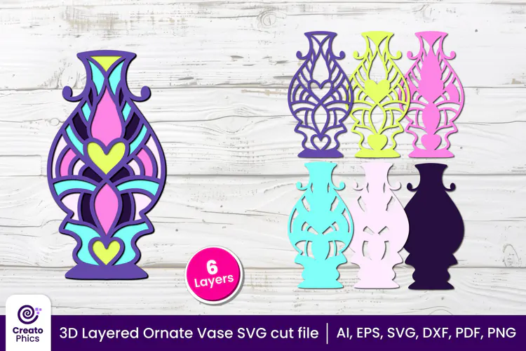 3D layered Floral Vase SVG, Ornate Vase papercut & Laser cut
