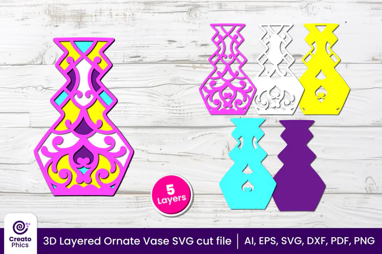 3D layered Floral Vase SVG, Ornate Vase papercut & Laser cut
