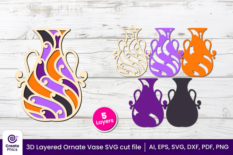 3D layered Floral Vase SVG, Ornate Vase papercut & Laser cut