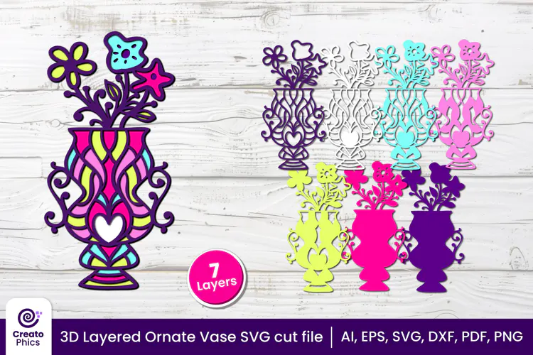 3D layered Floral Vase SVG, Ornate Vase papercut & Laser cut