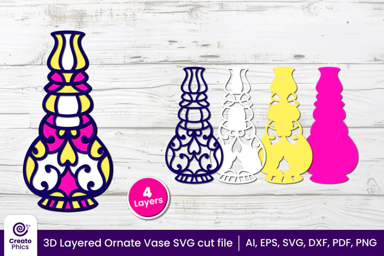 3D layered Floral Vase SVG, Ornate Vase papercut & Laser cut